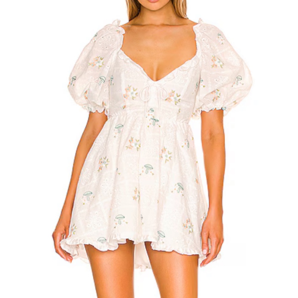 FOR LOVE & LEMONS Yolonda Puff Sleeve Mini Dress in White Mushroom Print Size M